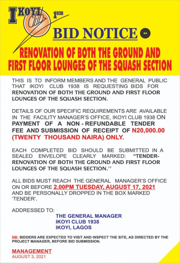 bid notice | Ikoyi Club 1938